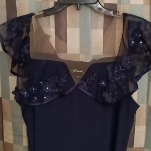 FINAL PRICE Preludes Beautiful navy, sheer, tan & navy top embroidered dress Lg